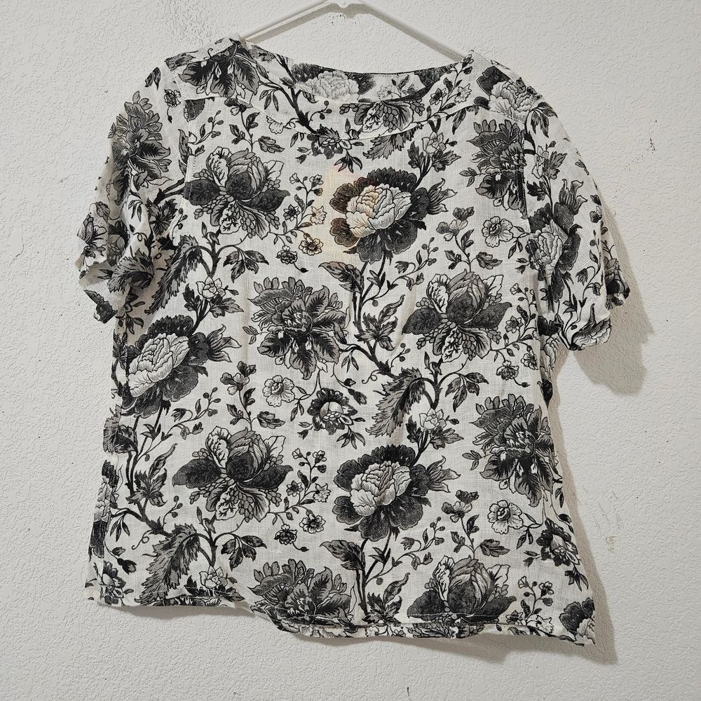 Flax Black and White Floral 100% Linen Top